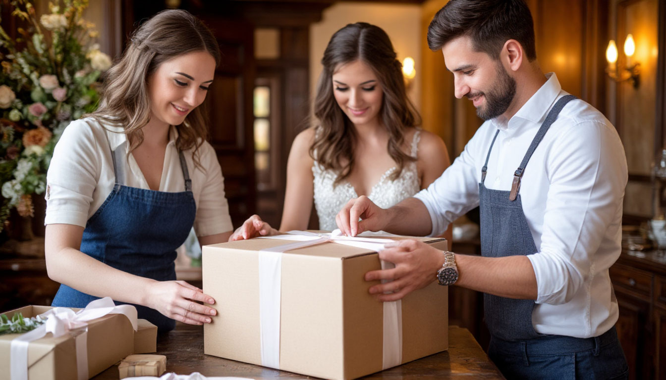 Shipping team packing a bridal box with care